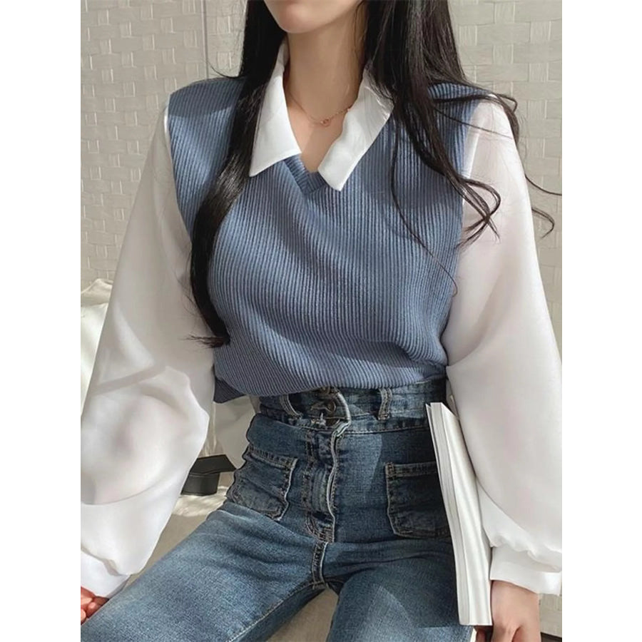Layered Look Long Sleeve Blouse Blue / S Apparel and Accessories