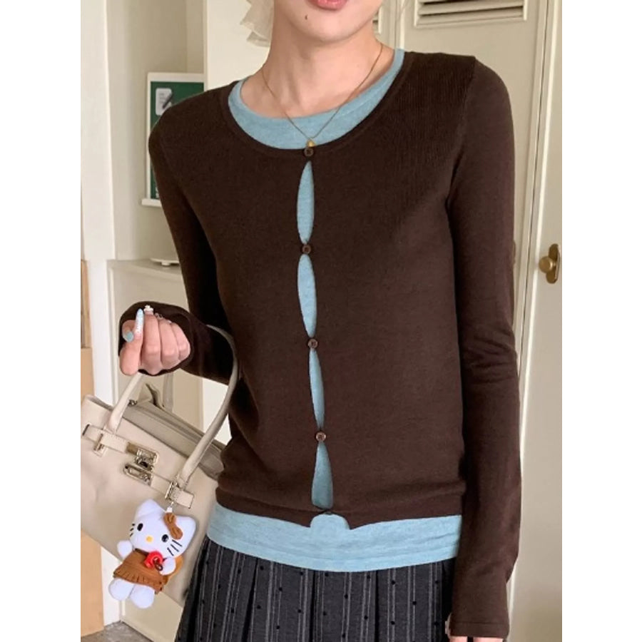 Layered Look Long Sleeve Knit Top Coffee / One Size Apparel and Accessories