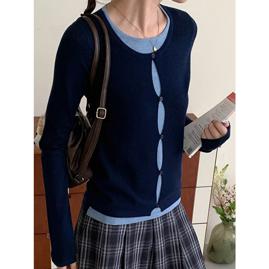 Layered Look Long Sleeve Knit Top Navy / One Size Apparel and Accessories