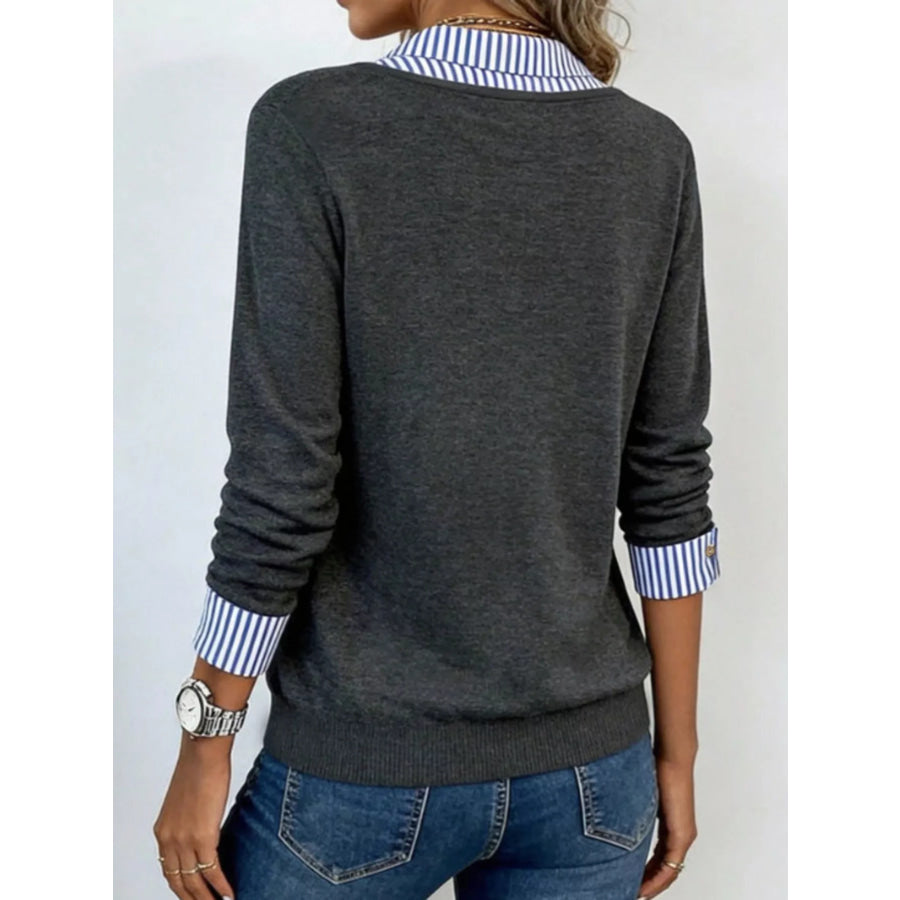 Layered Look Striped Collar Long Sleeve Top Apparel and Accessories