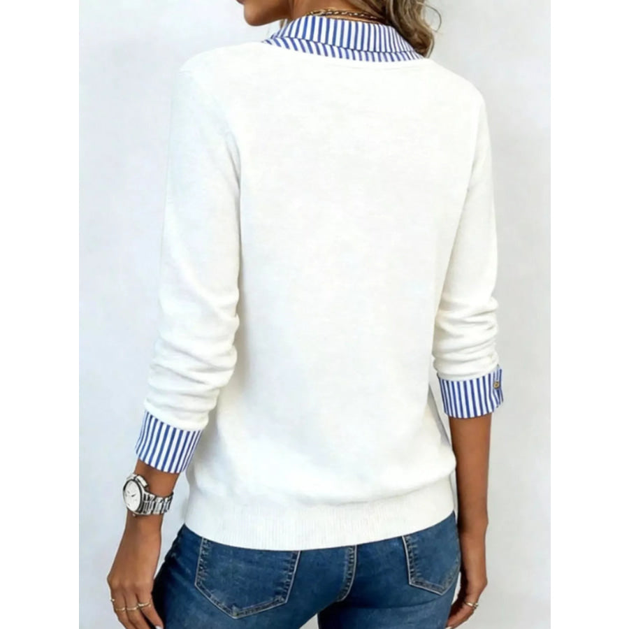 Layered Look Striped Collar Long Sleeve Top White / S Apparel and Accessories