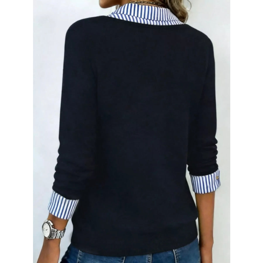 Layered Look Striped Collar Long Sleeve Top Apparel and Accessories