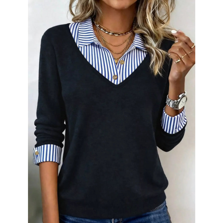 Layered Look Striped Collar Long Sleeve Top Black / S Apparel and Accessories