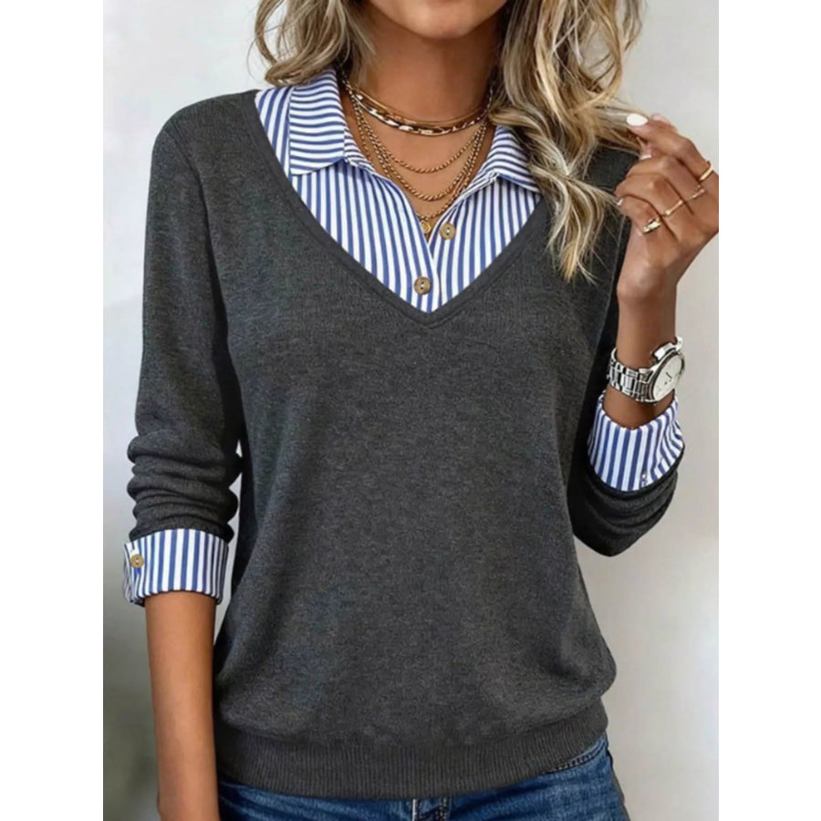 Layered Look Striped Collar Long Sleeve Top Dark Gray / S Apparel and Accessories