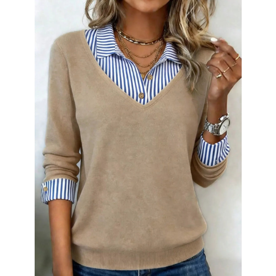 Layered Look Striped Collar Long Sleeve Top Tan / S Apparel and Accessories