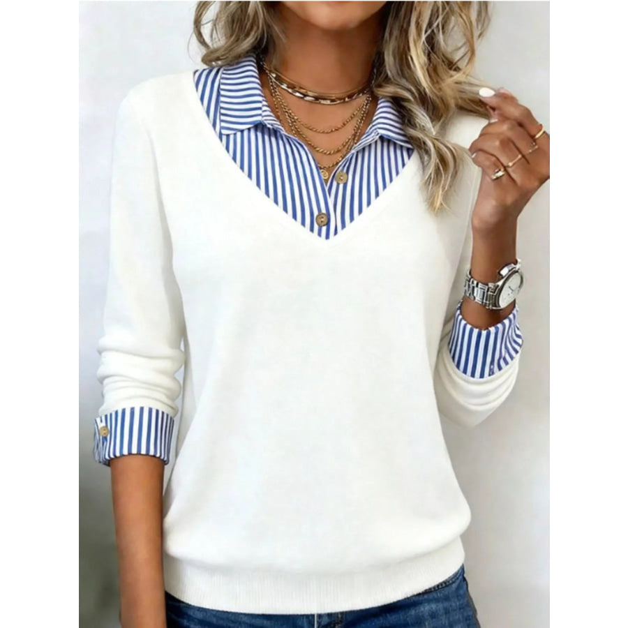 Layered Look Striped Collar Long Sleeve Top White / S Apparel and Accessories