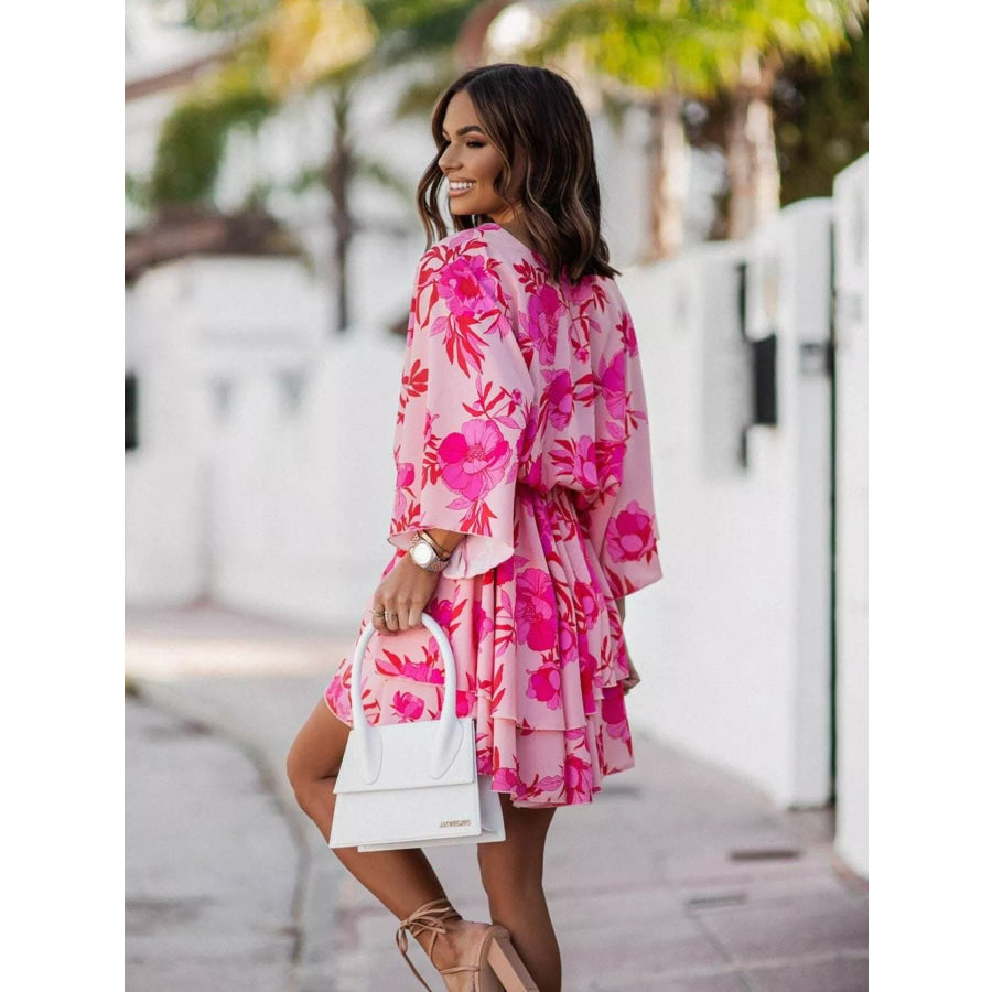 Layered Printed Surplice Mini Dress Apparel and Accessories
