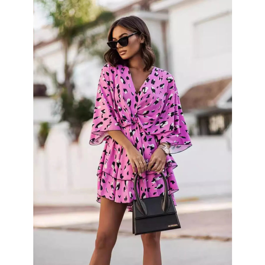 Layered Printed Surplice Mini Dress Fuchsia Pink / S Apparel and Accessories