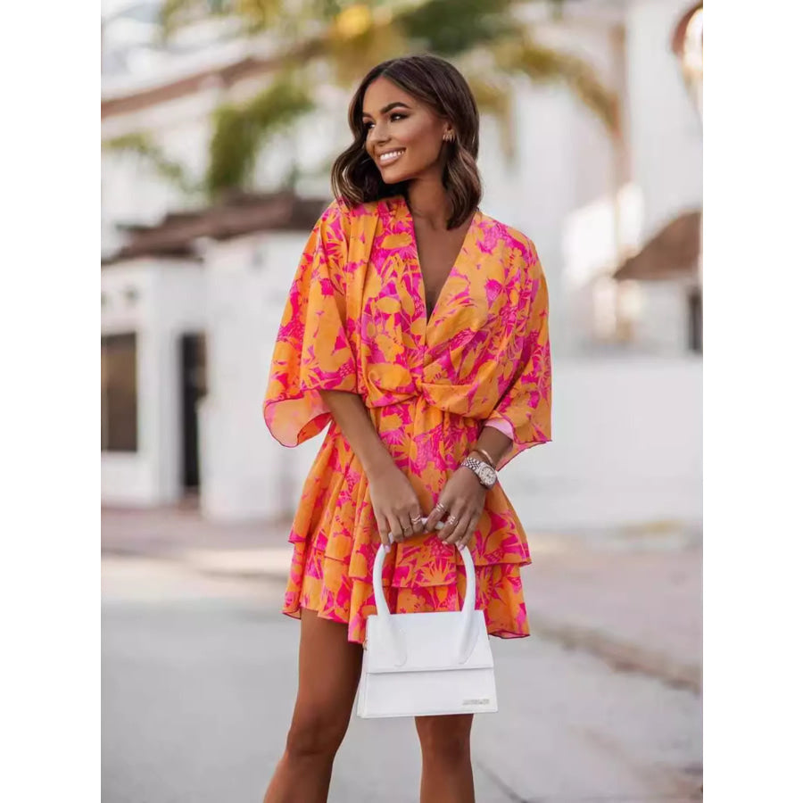 Layered Printed Surplice Mini Dress Orange / S Apparel and Accessories