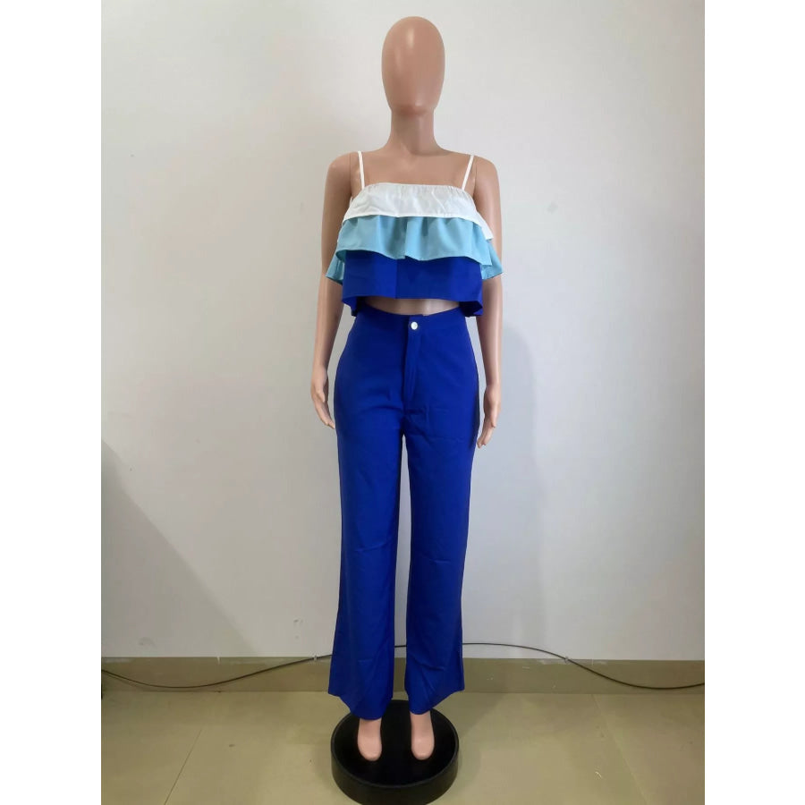 Layered Ruffle Crop Top and Pants Set Apparel and Accessories