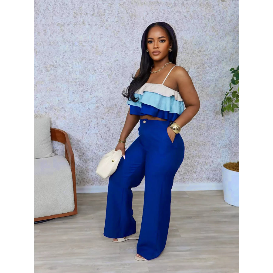 Layered Ruffle Crop Top and Pants Set Blue / S Apparel and Accessories