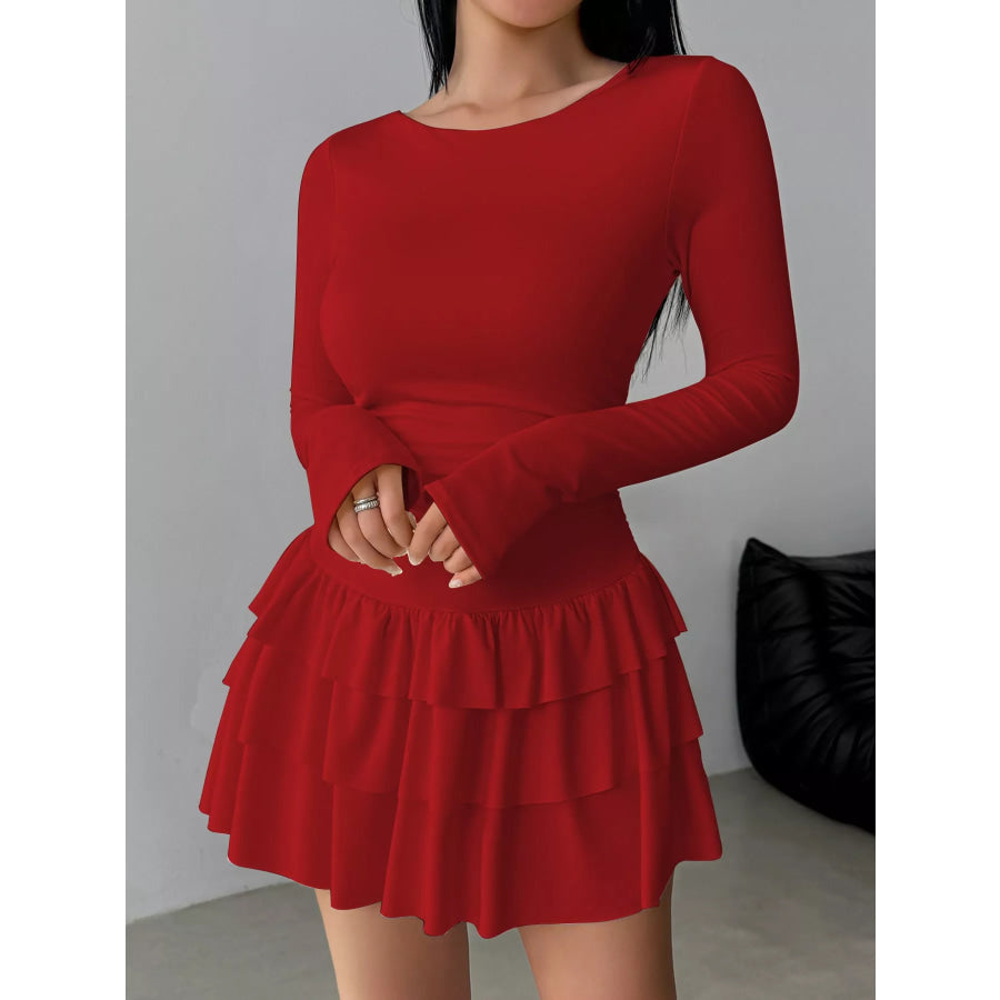 Layered Ruffle Long Sleeve Mini Dress Apparel and Accessories