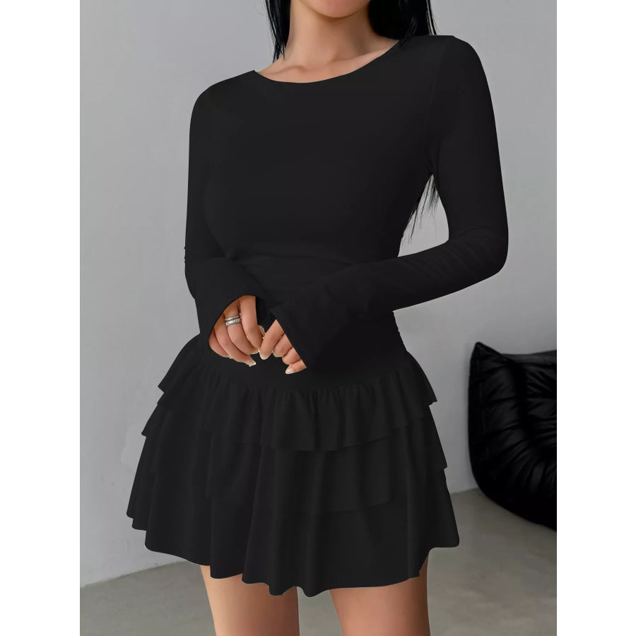Layered Ruffle Long Sleeve Mini Dress Black / XS Apparel and Accessories
