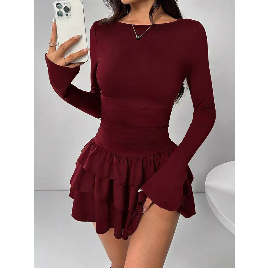 Layered Ruffle Long Sleeve Mini Dress Burgundy / XS Apparel and Accessories