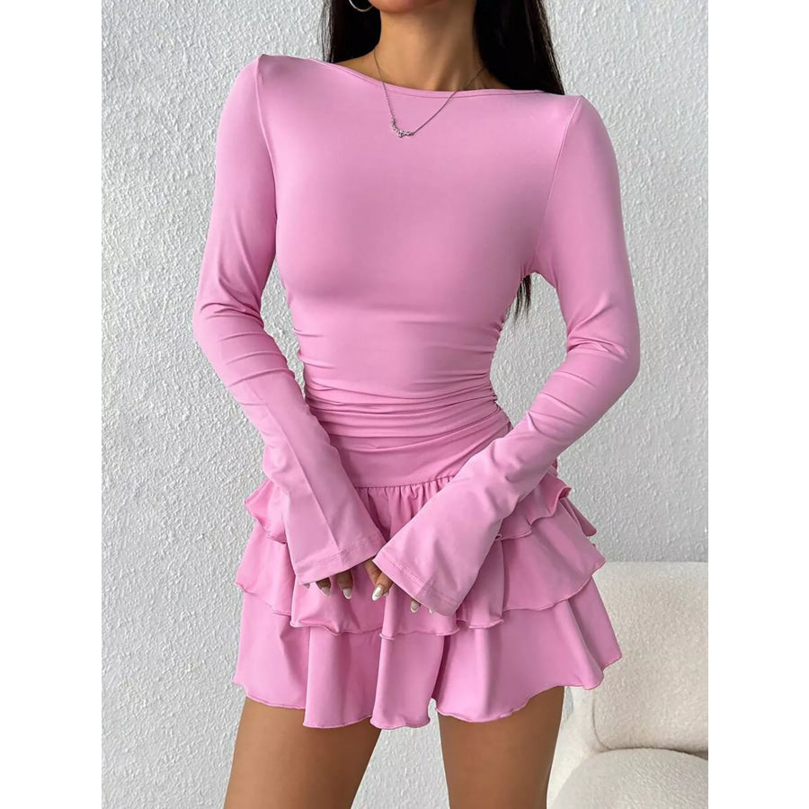 Layered Ruffle Long Sleeve Mini Dress Pink / XS Apparel and Accessories