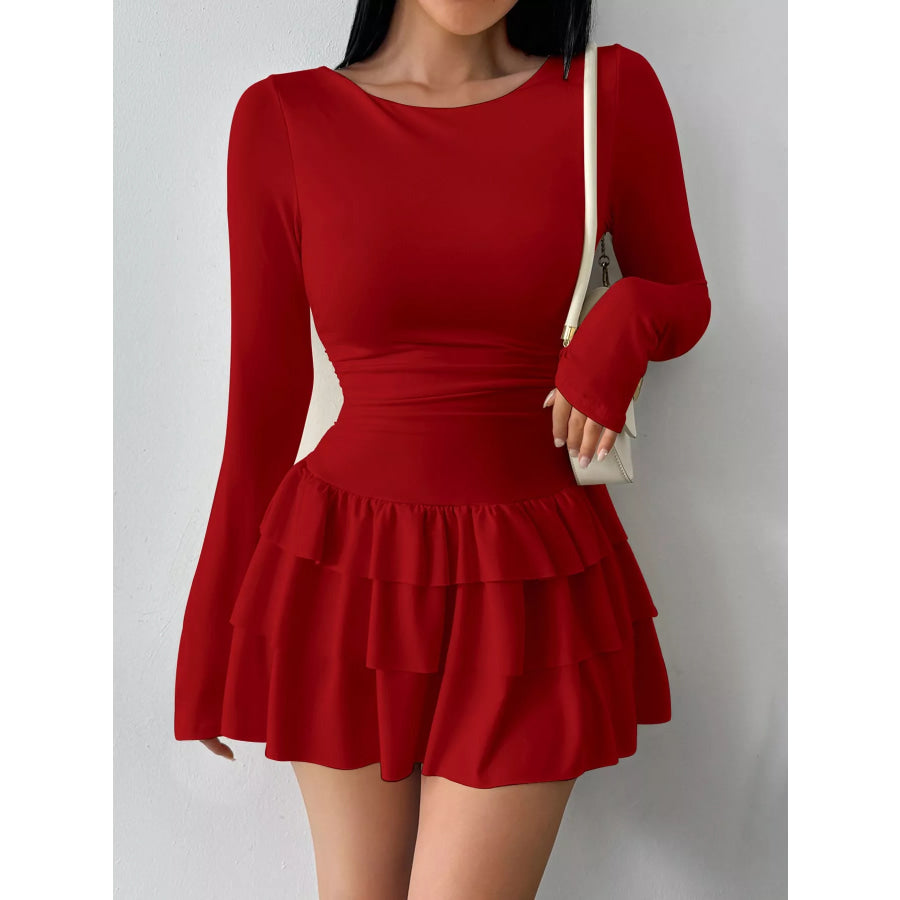 Layered Ruffle Long Sleeve Mini Dress Red / XS Apparel and Accessories