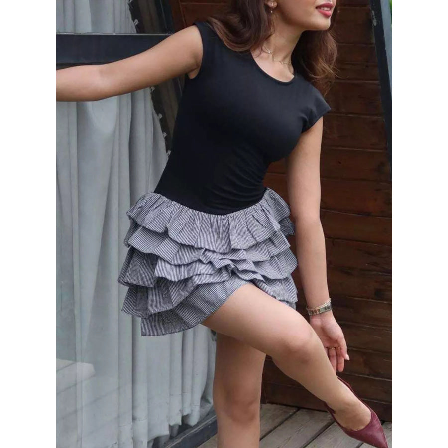 Layered Ruffle Round Neck Mini Dress Apparel and Accessories