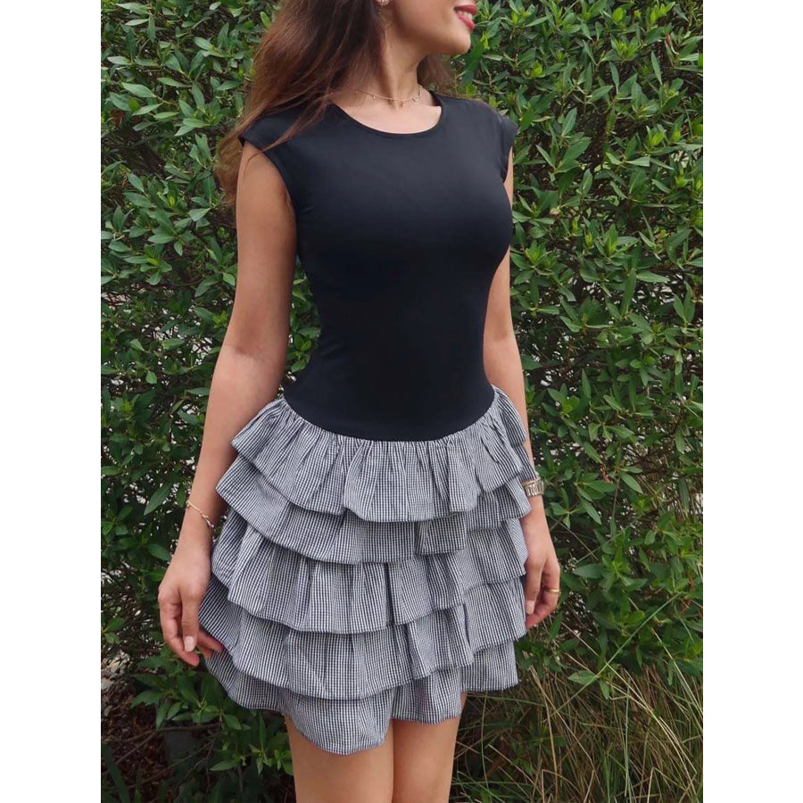 Layered Ruffle Round Neck Mini Dress Apparel and Accessories