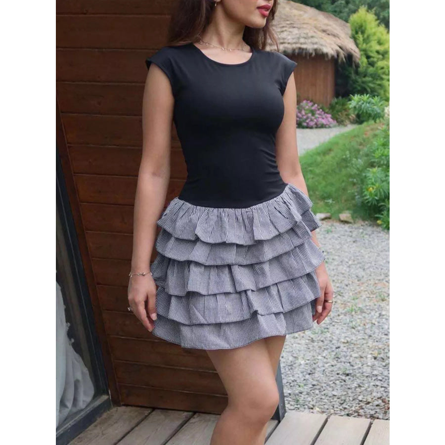 Layered Ruffle Round Neck Mini Dress Black / S Apparel and Accessories