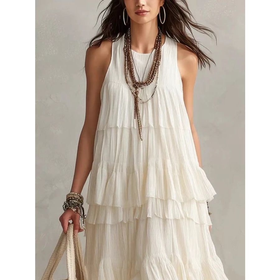 Layered Ruffle Sleeveless Maxi Dress White / S Apparel and Accessories