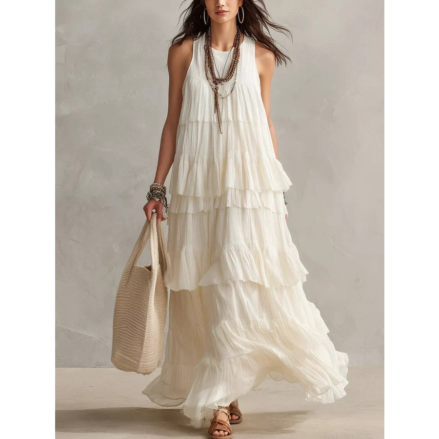 Layered Ruffle Sleeveless Maxi Dress White / S Apparel and Accessories