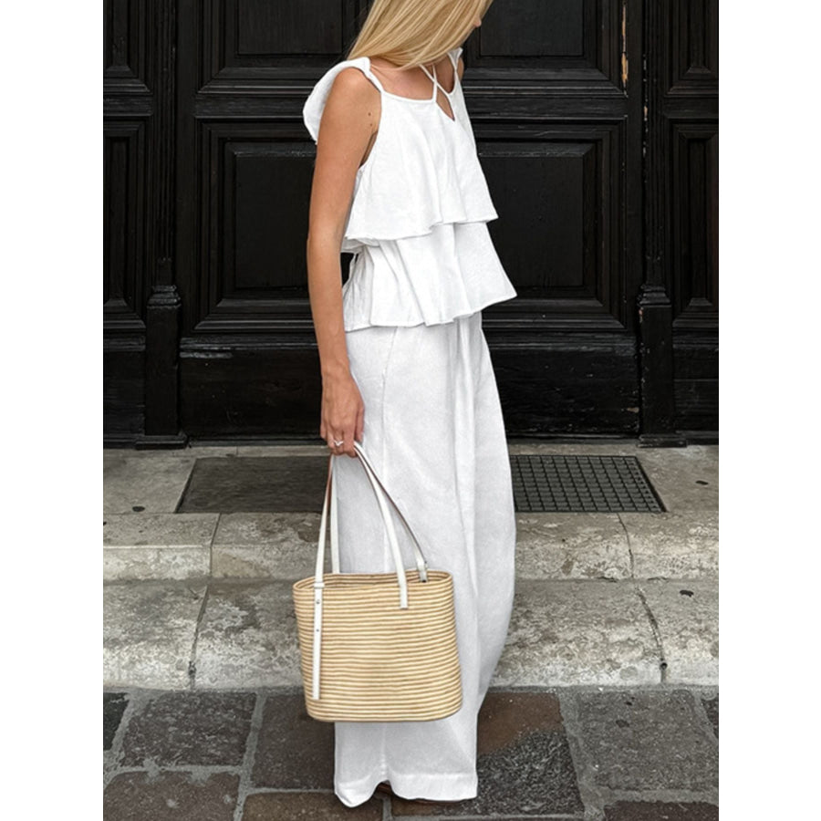 Layered Ruffled Cami and Pants Set White / S Apparel and Accessories