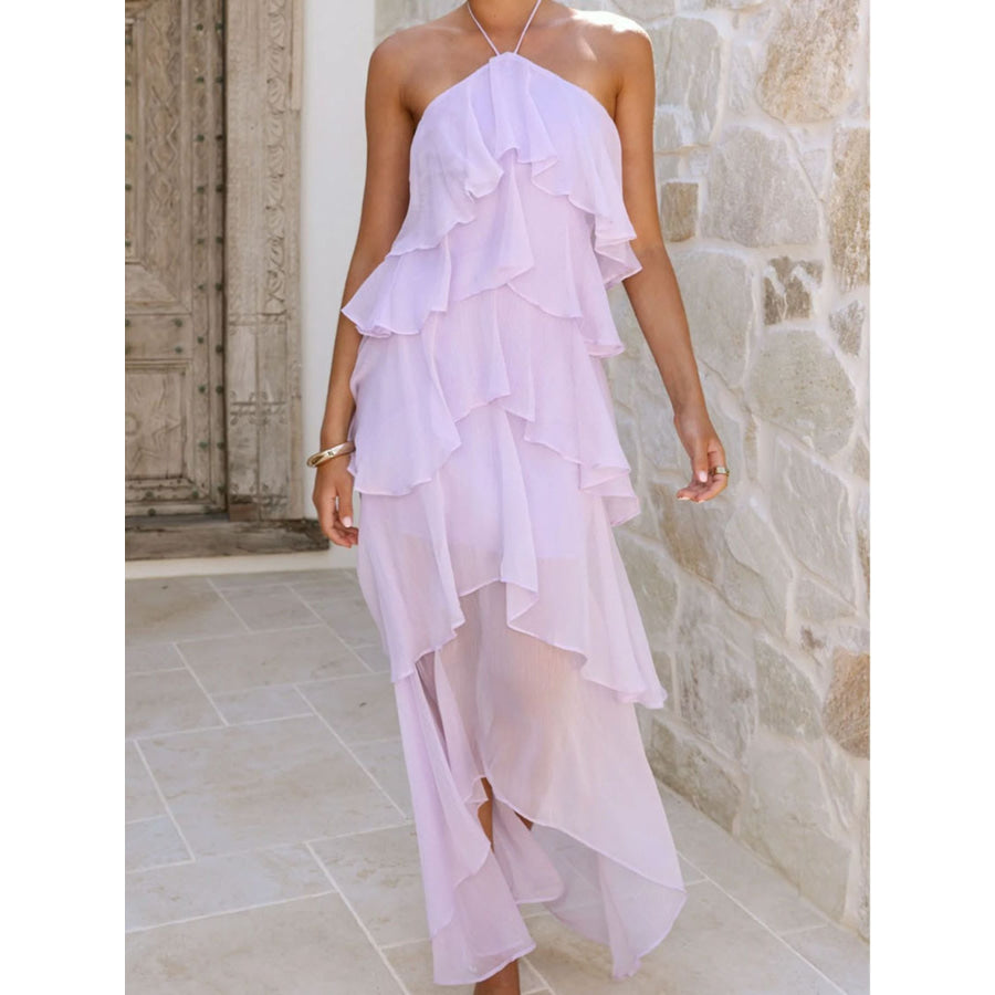 Layered Ruffled Halter Neck Dress Light Purple / S Apparel and Accessories
