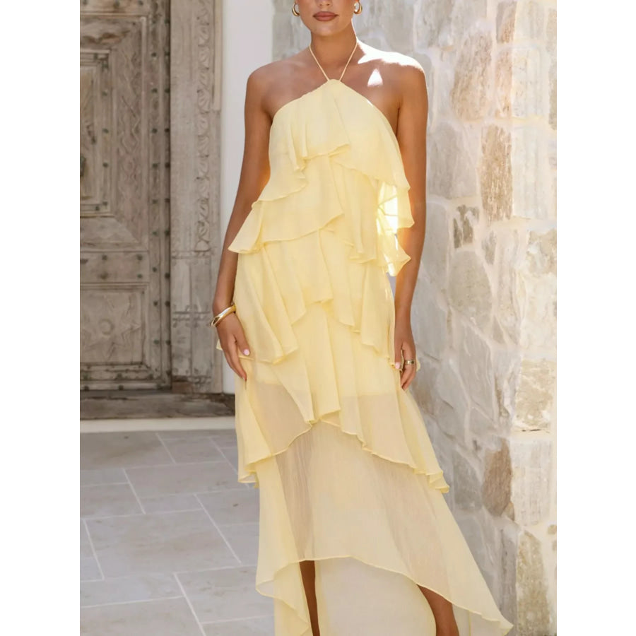 Layered Ruffled Halter Neck Dress Light Yellow / S Apparel and Accessories