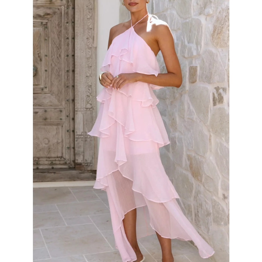 Layered Ruffled Halter Neck Dress Pink / S Apparel and Accessories