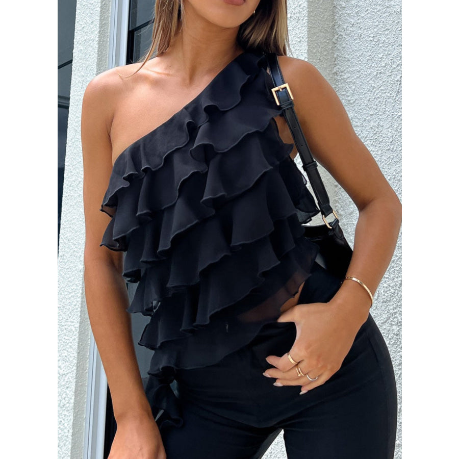 Layered Ruffled One Shoulder Tank Apparel and Accessories