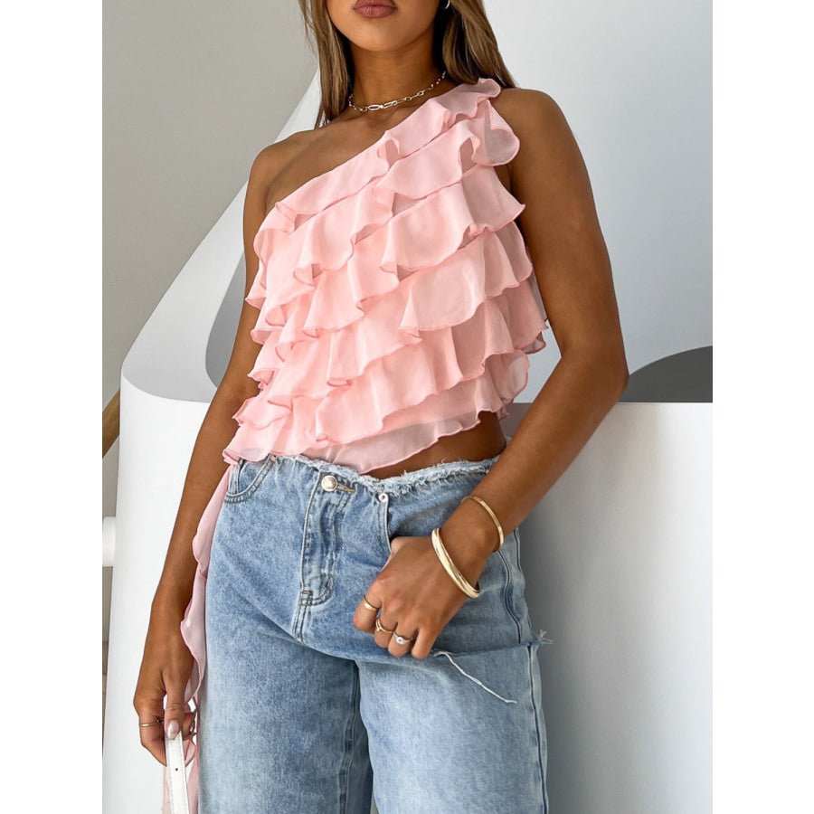 Layered Ruffled One Shoulder Tank Apparel and Accessories