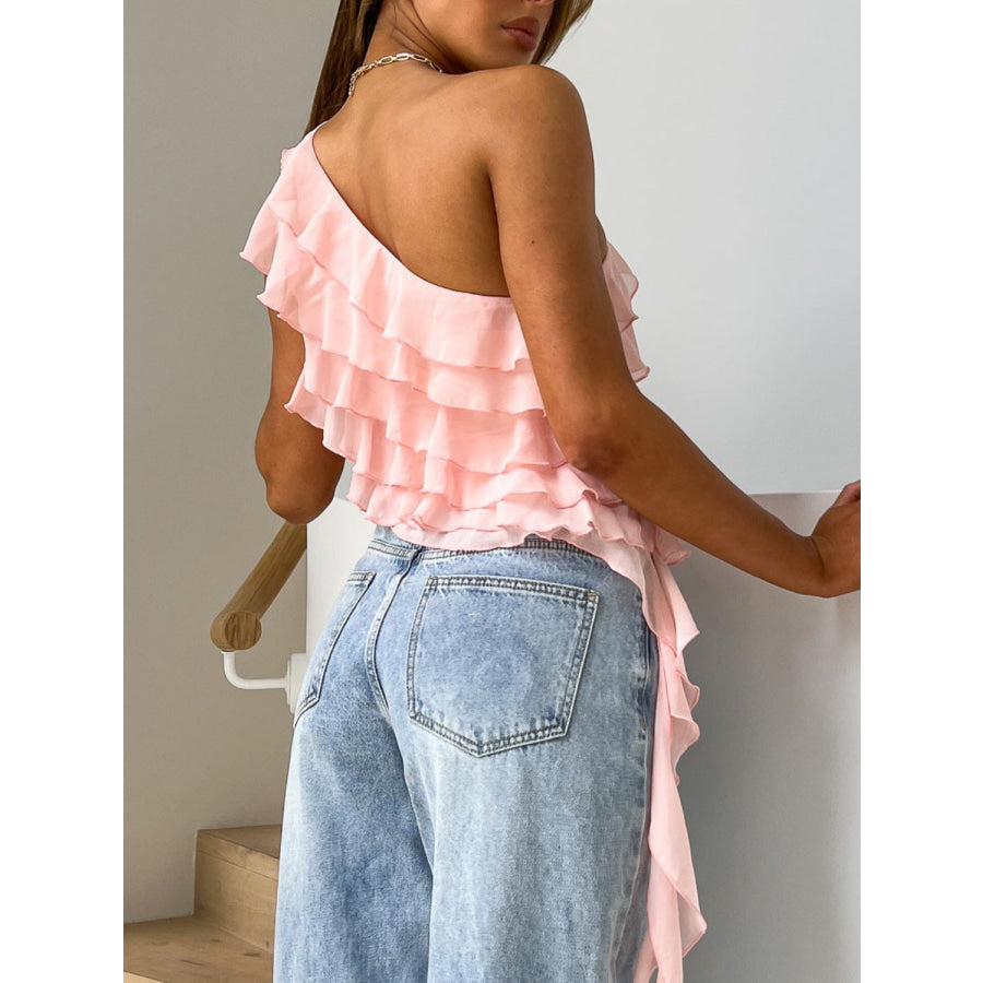 Layered Ruffled One Shoulder Tank Apparel and Accessories