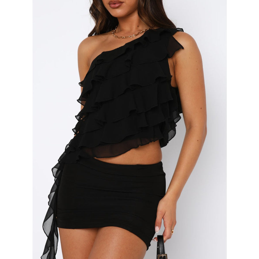 Layered Ruffled One Shoulder Tank Black / S Apparel and Accessories