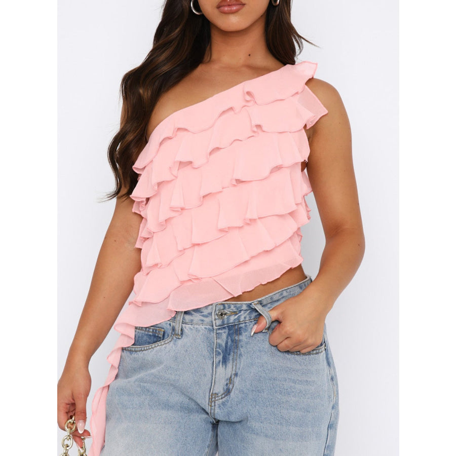 Layered Ruffled One Shoulder Tank Watermelon pink / S Apparel and Accessories