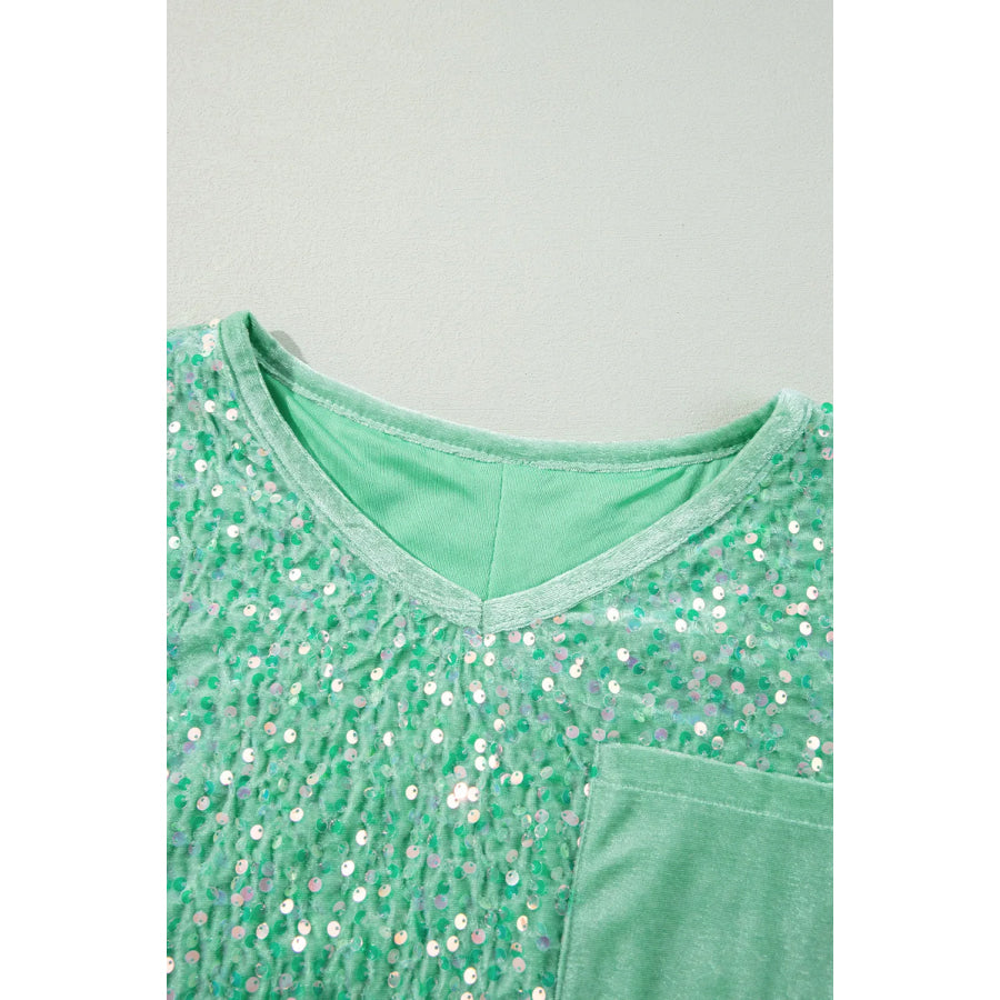 Layered Sequin V-Neck Half Sleeve Top Apparel and Accessories