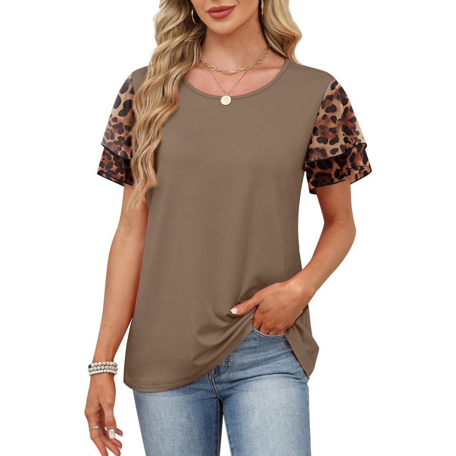 Layered Short Sleeve Round Neck T-Shirt Brown / S Apparel and Accessories