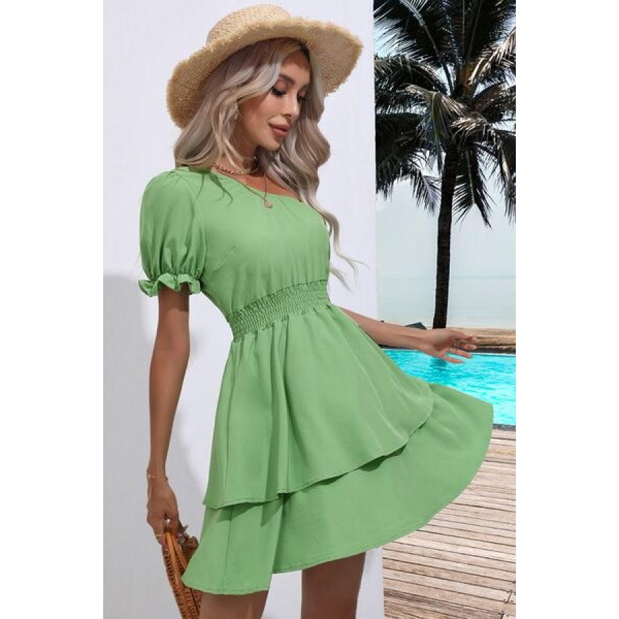 Layered Single Shoulder Flounce Sleeve Mini Dress Gum Leaf / S Clothing