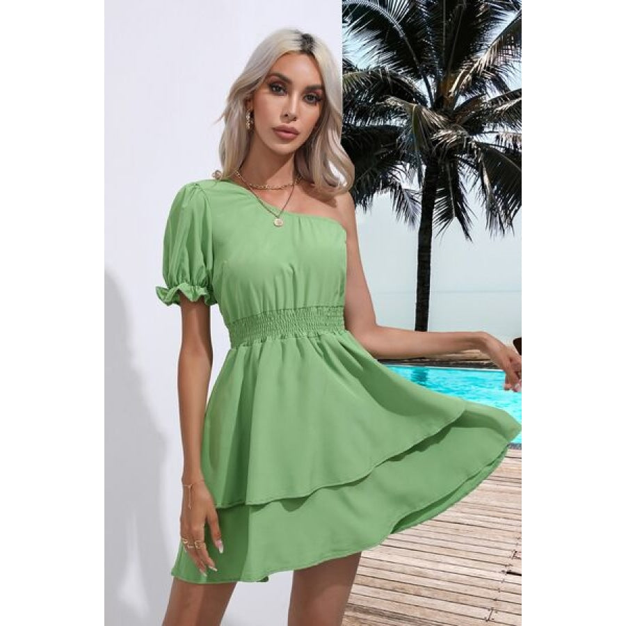 Layered Single Shoulder Flounce Sleeve Mini Dress Gum Leaf / S Clothing