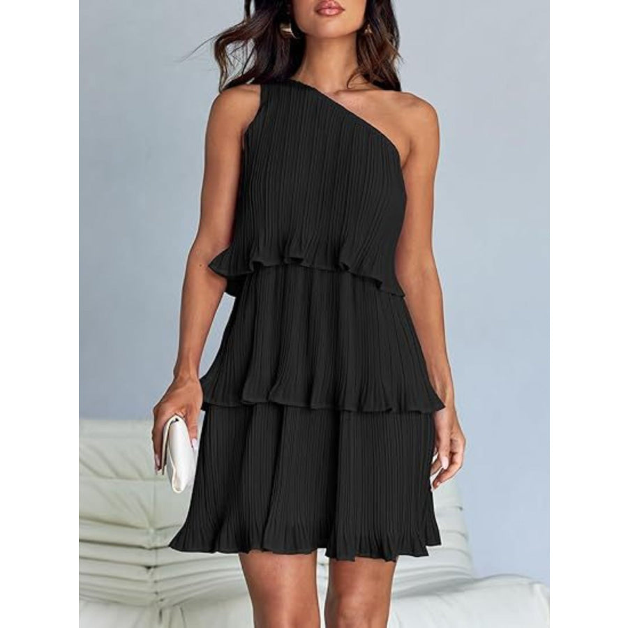 Layered Single Shoulder Mini Dress Black / S Apparel and Accessories