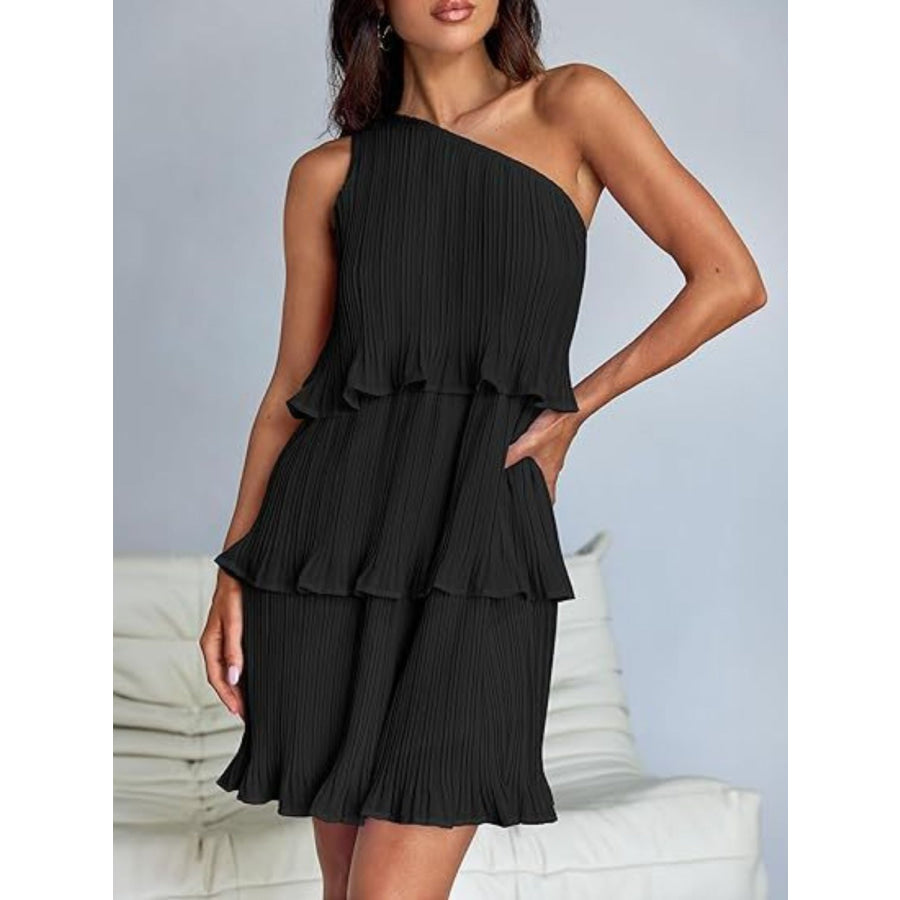 Layered Single Shoulder Mini Dress Black / S Apparel and Accessories