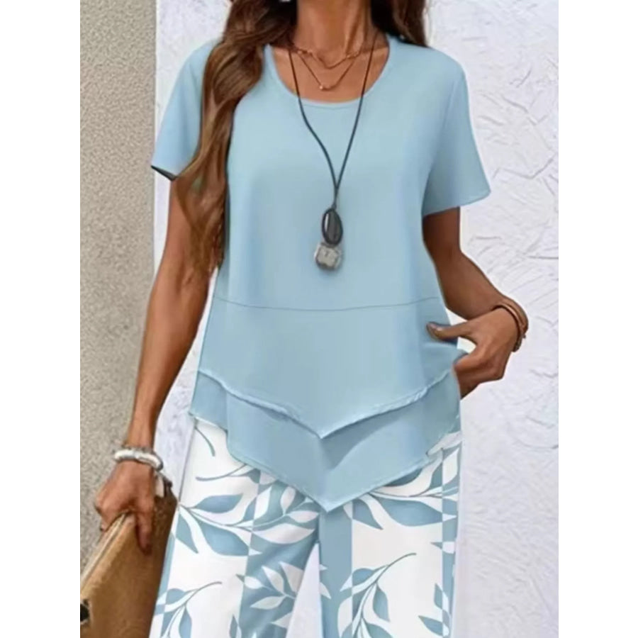 Layered Top and Leaf Print Cropped Pants Set Sky Blue / S Apparel and Accessories
