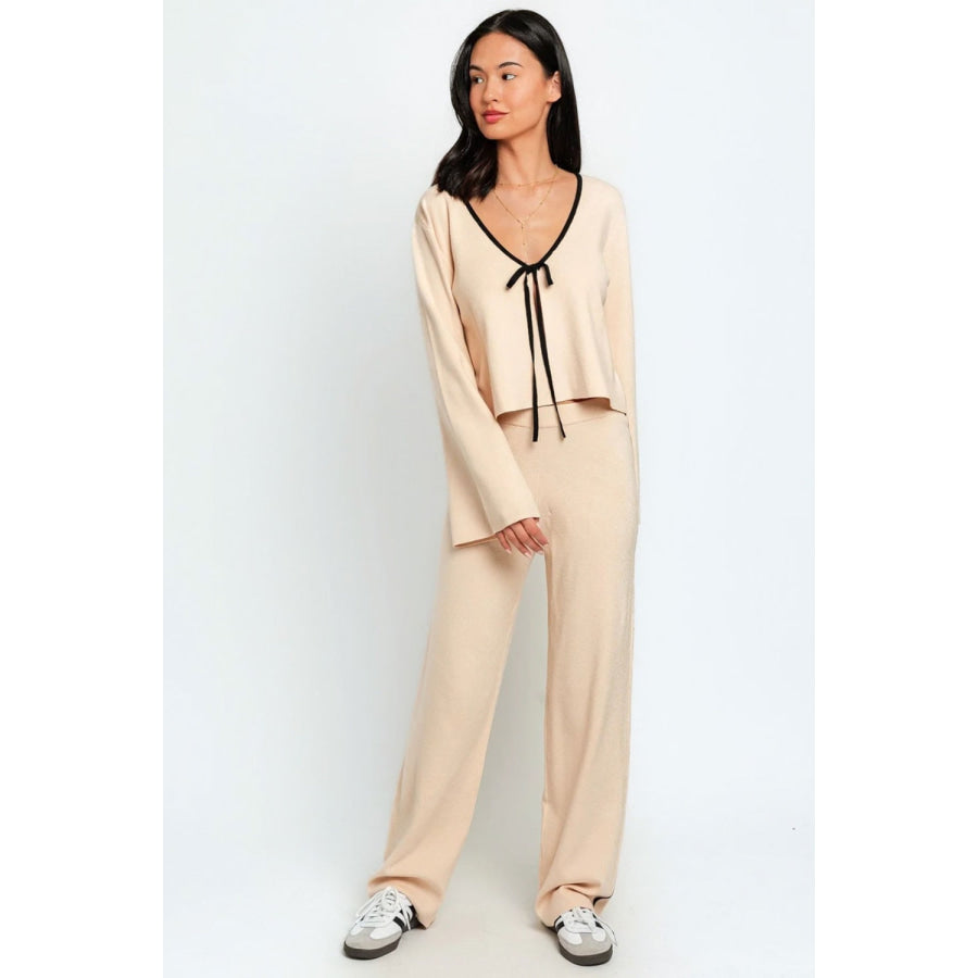 LE LIS COLLECTION Contrast Trim High Waist Wide Leg Sweater Pants Cream Black / XS Apparel and Accessories