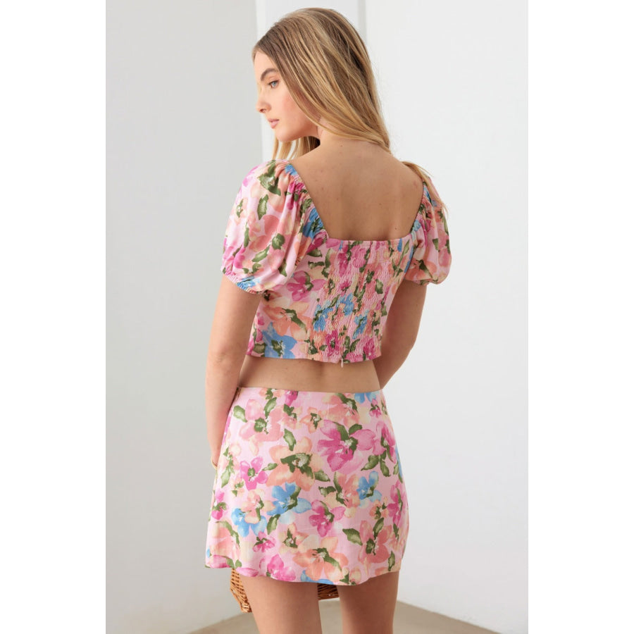 Le Lis Floral Puff Sleeve Crop Top and Mini Skirt Set Pink Floral / XS Apparel and Accessories