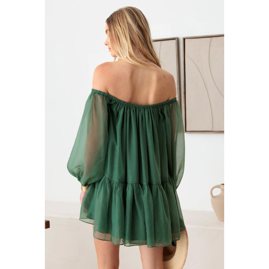 Le Lis Organza Off Shoulder Puff Sleeve Mini Dress Green / XS Apparel and Accessories