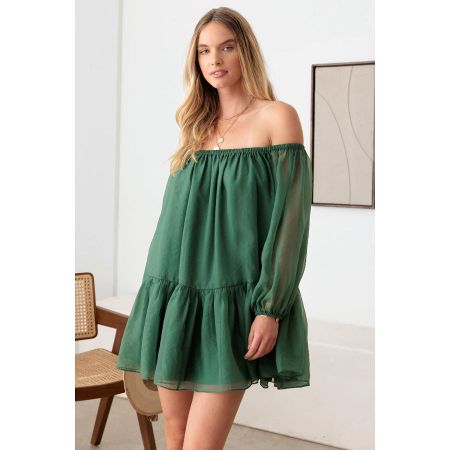 Le Lis Organza Off Shoulder Puff Sleeve Mini Dress Green / XS Apparel and Accessories