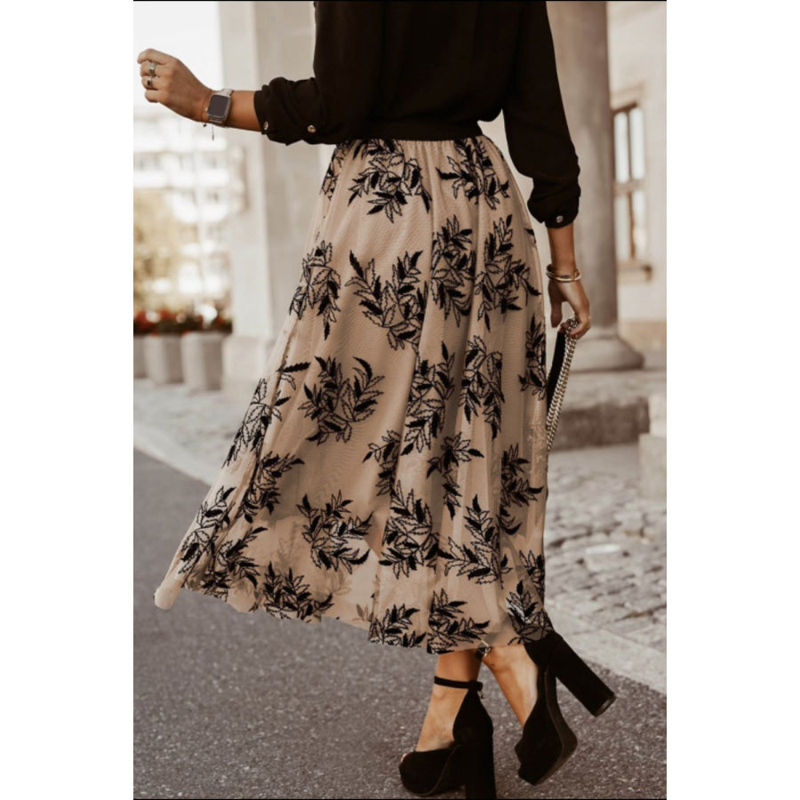 Leaf Elastic Waist Midi Skirt Apparel and Accessories