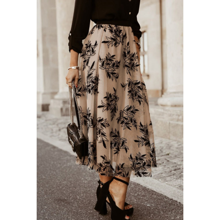 Leaf Elastic Waist Midi Skirt Apparel and Accessories