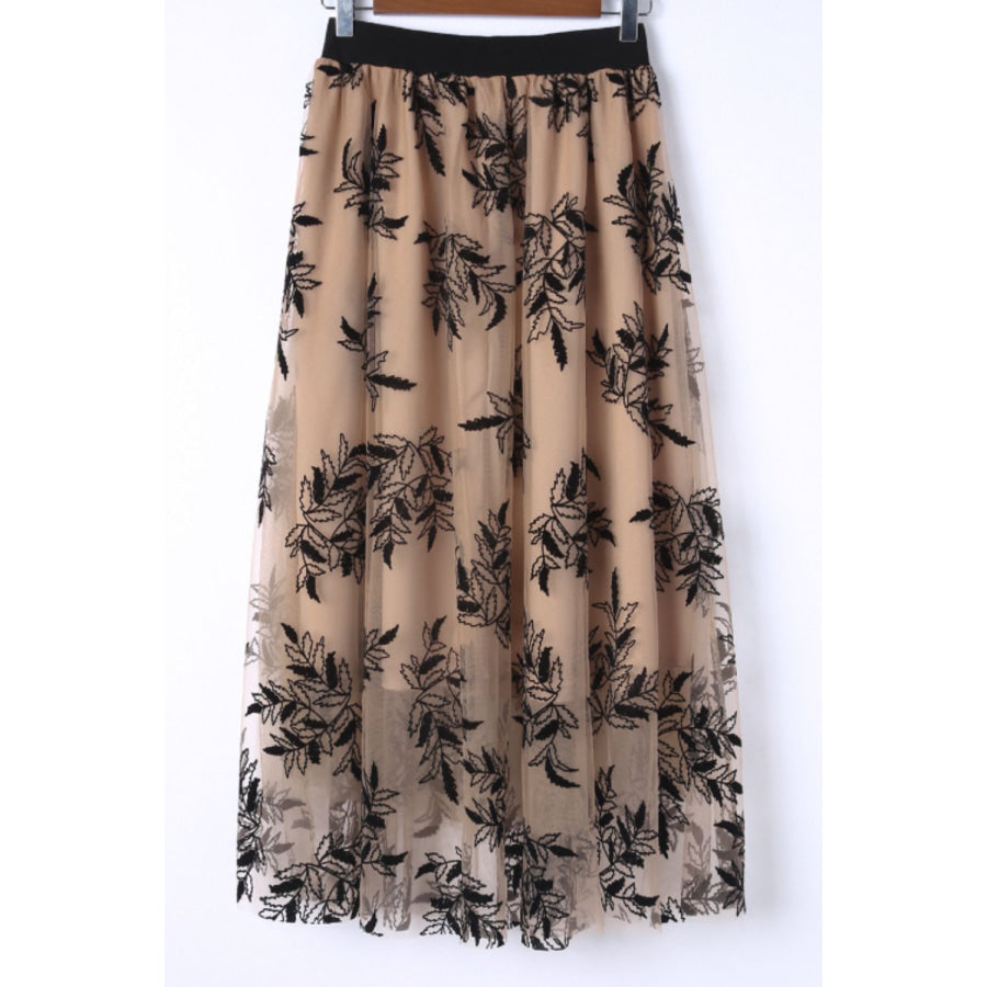 Leaf Elastic Waist Midi Skirt Apparel and Accessories