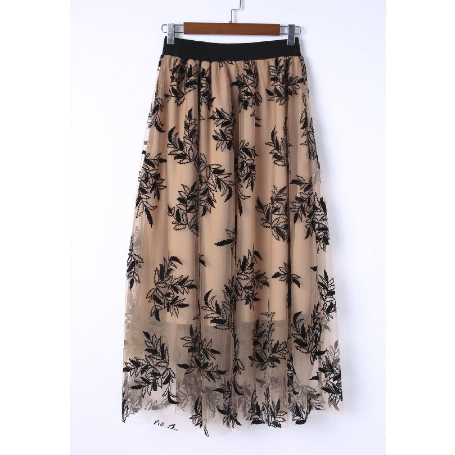 Leaf Elastic Waist Midi Skirt Apparel and Accessories