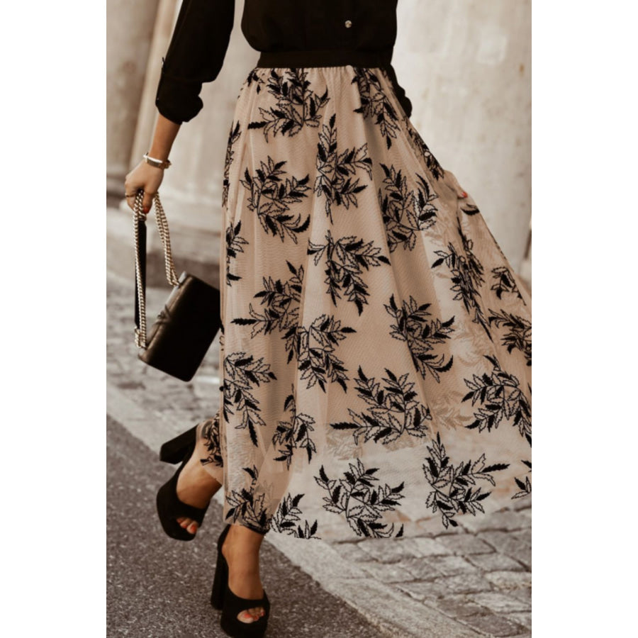 Leaf Elastic Waist Midi Skirt Apparel and Accessories